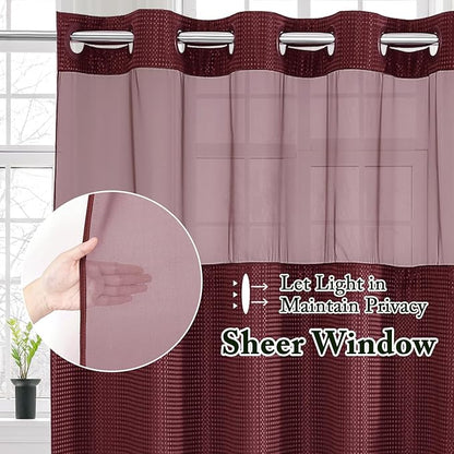 Gibelle Long Shower Curtain 72x80, Waffle Weave Bathroom Shower Curtain with Snap-in Fabric Liner Set, No Hooks Needed, Hotel Style with Mesh Top Window, Burgundy