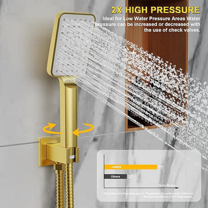 Shower System 10IN Modern Rain Brass Faucet Set With Valve and Diverter Shower Mixer With Handheld High Pressure Square Rainfall Shower Valve (10'' Wall Mount, Brushed Gold)