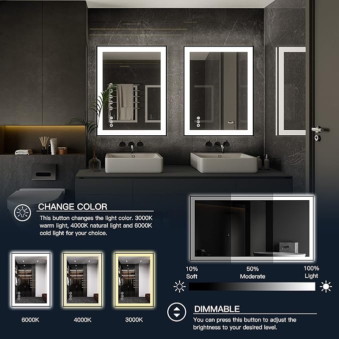 ISKM Framed LED Mirror for Bathroom 48"x32", Dimmable LED Bathroom Mirror with Lights, Anti-Fog, Front and Backlit Lighted Mirror 3-Colors, Shatterproof, Memory Function