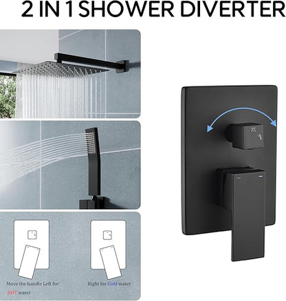 WELLFOR 12-In Wall Mounted Rain Shower Faucet with Single Handle and Handheld Spray, Waterfall Dual Head Shower Head System with 2-way Diverter, Pressure-balanced Valve Included, Matte Black