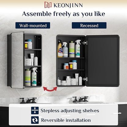 Keonjinn 15 x 36 Inch Black Slim Medicine Cabinets, Narrow Bathroom Medicine Cabinet with Mirror, Stainless Steel Framed, Adjustable Shelves, Recessed or Wall Mount, Soft Closing, Modern Farmhouse