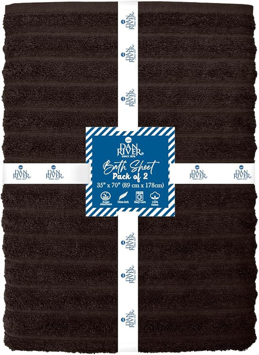 DAN RIVER Pack of 2 Bath Sheet 35x70 Inches, Ribbed Oversized Bath Sheets Towels for Adults, Fluffy and Soft Plush Towels - Brown