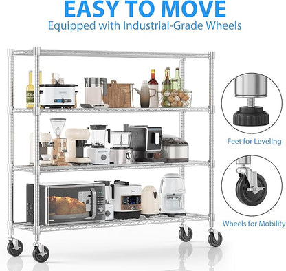 Homdox 4 Tier Heavy Duty Metal Wire Shelving with Wheels, 2400 lbs Capacity Garage Storage Rack, Rolling Industrial Storage, Adjustable Commercial Shelves for Kitchen, Warehouse, 18"x60"x72", Chrome
