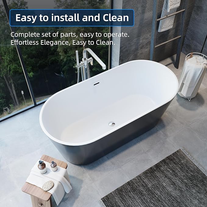 67'' Acrylic Freestanding Bathtub, Extra-Deep Soaking Free Standing Tub for Luxurious Bathing Experience, with Chrome Drain, for Main Bathroom, Black & White