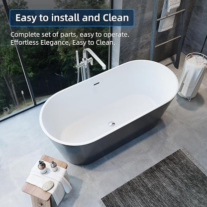 59'' Acrylic Freestanding Bathtub, Deep Soaking Tub with Non-Slip Base, cUPC Certified, Modern Black Bath Tub with Chrome Drain, Free Standing Tub for Bathrooms