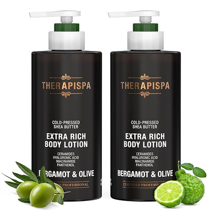THERAPISPA Scented Body Lotion for Women – Deep Hydration & Refreshing Moisturizer with Shea Butter, Ceramides & Panthenol to Revive & Nourish Dry Skin (Bergamot & Olive, 17.0 fl oz)