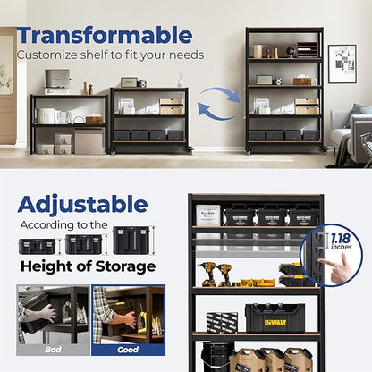 HOMEDANT House 5-Tier Metal Rolling Cart Shelf Rack Casters Heavy Duty Laminated Wheel Shelving Unit Adjustable Utility Storage Shelves Organizer Shelf Kitchen Garage (2, (L) 48.1" W, Black)