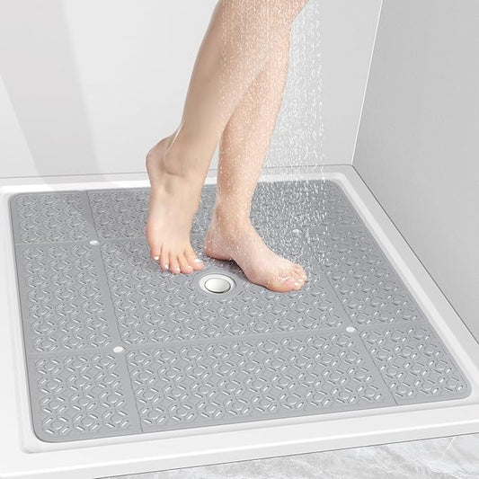 OTHWAY Square Shower Mat, 27"x 27" Extra Large Shower Mats for Inside Shower, TPE Anti Slip Shower mat with Suction Cups Drain Holes, Machine Washable Shower Floor Mat (Light Grey)