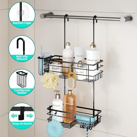 HapiRm Hanging Shower Caddy Organizer - No Drilling Shower Shelves with Hooks and Toothbrush Holder, Rustproof 304 Stainless Steel Bathroom Organizer - Black