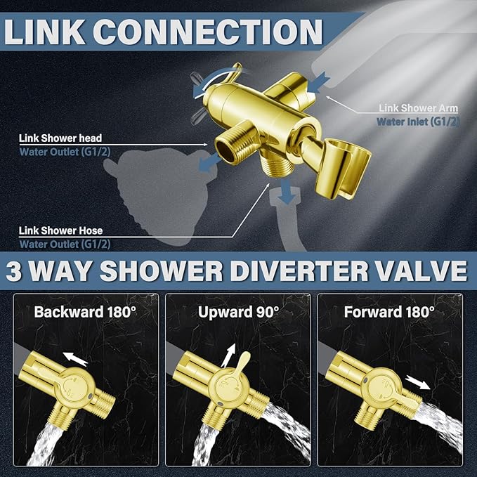 Shower Diverter Valve with Handshower Mount, G1/2 Brass Shower Arm Diverter 3 Way Bathroom Universal Shower System Replacement for Handheld Shower and Fixed Shower Head, Polisded Gold
