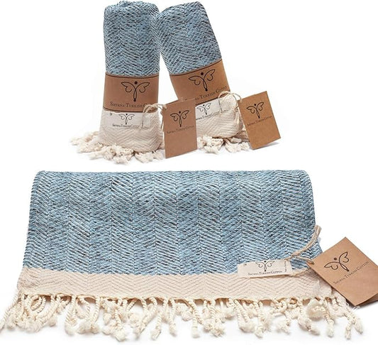 SMYRNA TURKISH COTTON Herringbone Series Turkish Hand Towels Set of 2, 16x40 inch, Decorative Turkish Hand Towels for Bathroom, Kitchen, Face, Hair, Tea, Yoga, Gym, Dishcloth Set of 2, Light Blue