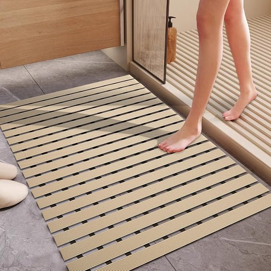 Non Slip Large Shower Mat(35.4"*23.6"),Non Suction Cups Shower Mats for Inside/Outside Shower, Heavy Duty Rubber Walk in Shower Mat for Elderly (Apricot)