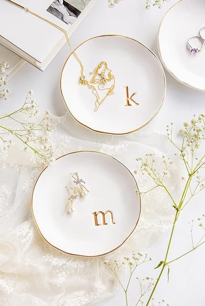 COLLECTIVE HOME - Ceramic Jewelry Tray, Decorative Trinket Dish for Rings Earrings Necklaces Bracelet Watch Keys, Birthday Mother's Day Christmas Gift for Women, 4.75", White Surface (D)