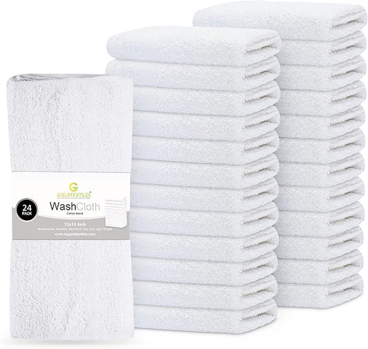 GOLD TEXTILES 24 Pack Economy White Washcloths Set (12x12 inches) - Cotton Blend Commercial Grade Cleaning Rags, Quick Drying & Soft Face Cloths, Fingertip Towels for Bathroom, Spa, Gym, and Kitchen