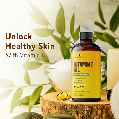 Botanic Hearth Vitamin E Oil (Glass Bottle 2 Fl Oz Set of 2) | 100% Pure and Natural Oil for Growth of Nails, Hair, Eyebrows & Eyelashes | 35,000 Iu | Hair & Body Oil with Eyebrow & Eyelash Brush