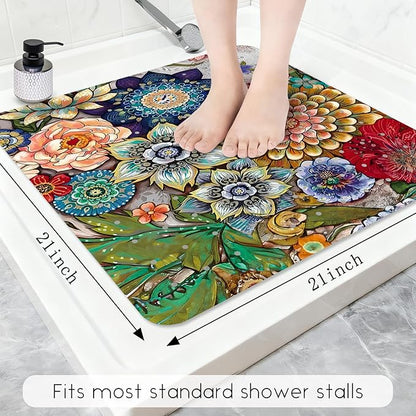 Bathtub Mat Non Slip, Bohemia Square Bath tub Mat Shower Floor Mat with Suction Cups for Adults Kids Elderly 21 X 21 Inch
