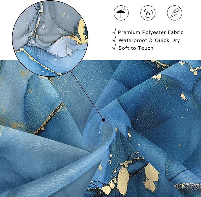 Blue Marble Shower Curtain 60x72, Modern Abstract Fabric Shower Curtains for Bathroom, Luxury Art Ink Texture Watercolor Cloth Shower Curtain Set with Hooks