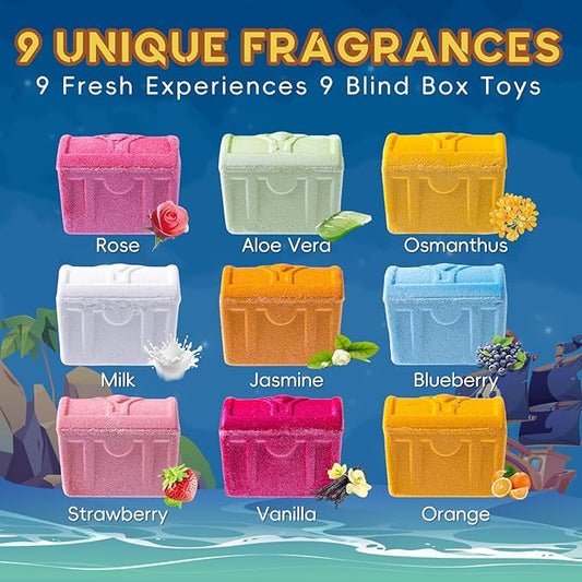 Bath Bombs for Kids with Surprise Inside, 9 Pack Kids Bath Bombs with Treasure Chest Toys Gift Set, Fizzy Bath Salt Balls, Perfect Birthday, Halloween, Or Holiday Gift for Boys and Girls
