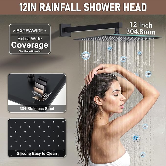 Shower Faucet Set Matte Black Shower System, Push Button Diverter 3-Way Shower Valve Kit, Wall Mount 12 Inch Overhead Shower Head with 6 Inch Side Spray Shower Head, 4 Modes Flow Handheld Shower