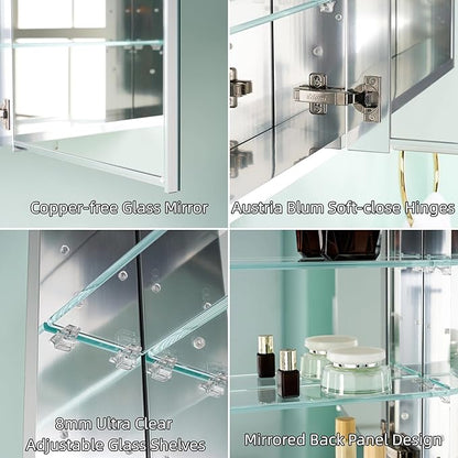 WELLFOR 12" x 36" Bathroom Medicine Cabinet, Anodized Chrome Aluminum Frame, Medicine Cabinet with Adjustable Glass Shelves, Bathroom Cabinet with Reverse Door Installation, Surface or Recess Mount