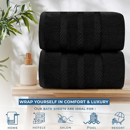 DAN RIVER 2 Pack Luxury Bath Sheets 35x70, 600 GSM, Soft & Quick Dry 100% Ring Spun Cotton Towels Ideal for Hotels, Spas, Gyms & Salons Extra Large, Black