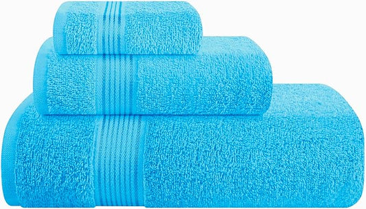 Belizzi Home Ultra Soft 3 Pack Cotton Towel Set, Contains a Bath Towel 28x55 inch, a Hand Towel 16x24 inch & a Wash Coth 12x12 inch, Ideal Everyday use, Compact & Lightweight - Turquoise Blue