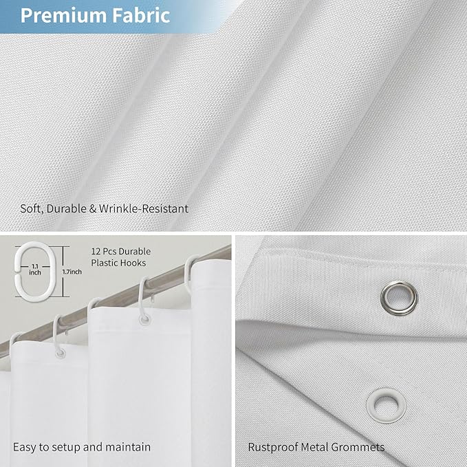 2-in-1 Waterproof Extra Long Fabric Shower Curtain or Liner,Linen Textured,84 Inch Breathable TPU & Washable Bathroom Shower Curtain Set with 12 Plastic Hooks,Modern,72"x84",White