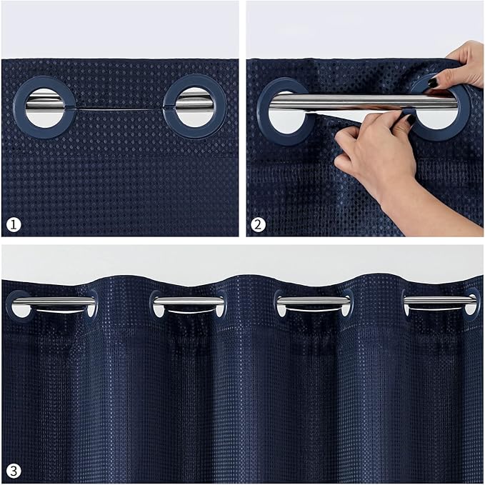 MitoVilla No Hooks Required Navy Blue Waffle Shower Curtain Liner Set, Modern Heavyweight Fabric Shower Curtain Set with Snap-in Liner for Hotel Grade Spa-Like Bathroom Decor, 72 x 74