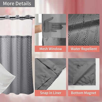 Hookless Shower Curtain with Snap in Liner 71" x 74" Double-Layer Waterproof Polyester Shower Curtain for Bathroom or Hotel Use,Removable Liner,Magnetic Hem,Large Rings,Machine Washable,Grey