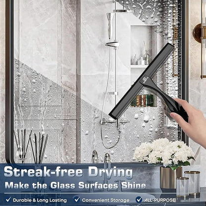 Shower Squeegee for Glass Door with 3 Adhesive Hook, Household Window & Stainless Steel Glass Cleaning Squeegee for Bathroom, Mirrors, Tiles and Car, 10 Inches, Clear, Black