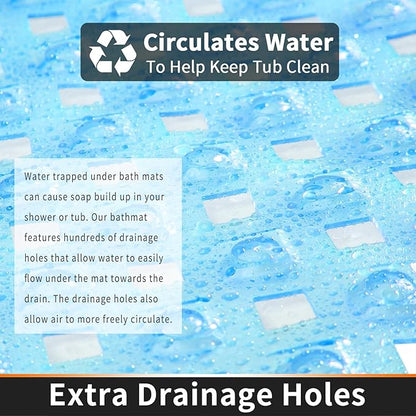 Yimobra Square Shower Mat Non Slip, Super Strong Suction Cups, 21"x21" Bath Tub Mat with Drain Holes, Machine Washable Fast Draining Bath Mats, Bathroom Essentials,Clear Blue