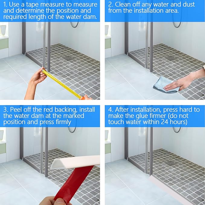 Shower Threshold Water Dam Guard - Self-Adhesive Silicone Waterproof Barrier, Water Stopper Shower Door Bottom Seal Strip Shower Splash Guard for Bathroom Kitchen Bathtub (79in, White)