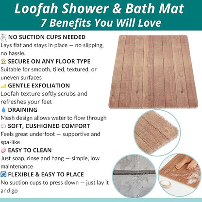 Enkosi Loofah Non-Slip Shower Mat - Shower Floors, Bathtub, Bathrooms, Wet Areas - Cushioned Bath Mat with Drain Holes - Quick Dry PVC, Secure Safety Pad Without Suction Cups (32x24 Teak Wood)