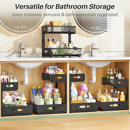 Under Sink Organizer, 1-Pack Pull Out Cabinet Organizer 2 Tier Metal Slide Out Storage Shelf Rack, L-Shaped Adjustable Height,Mesh Sliding Drawer for Kitchen, Bathroom, Laundry, Pantry, Black, XL