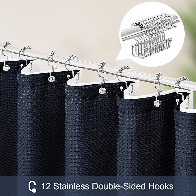 3 in 1 Stall Half Size Navy Blue Shower Curtain Set-36 W x 72 H, Modern Waffle Waterproof Fabric and PEVA Liner Set with Stainless Steel Hooks
