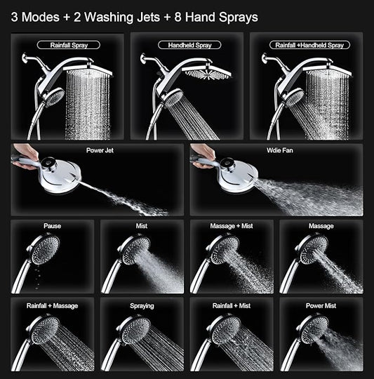 High Pressure Rain Shower Head: Upgrade Shower Heads with Handheld Spray Combo with Fixed Showerhead and 10 Sprays Handheld Shower Head, Detachable Shower head Built-in Magnetic Docking and Power Jets