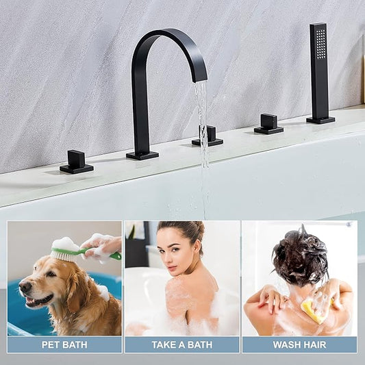 High Arc 5 Hole Roman Tub Filler with Handheld Showerhead Bathroom Widespread Waterfall Bathtub Faucet Set Deck Mounted, Matte Black