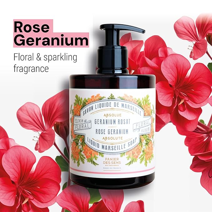 Panier des Sens - Moisturizing Hand Soap - Rose Geranium Fragrance - French Traditional Savon de Marseille Soap - Refillable Kitchen & Bathroom Soap - 16.9 Fl.oz Liquid Hand Wash 96% Natural