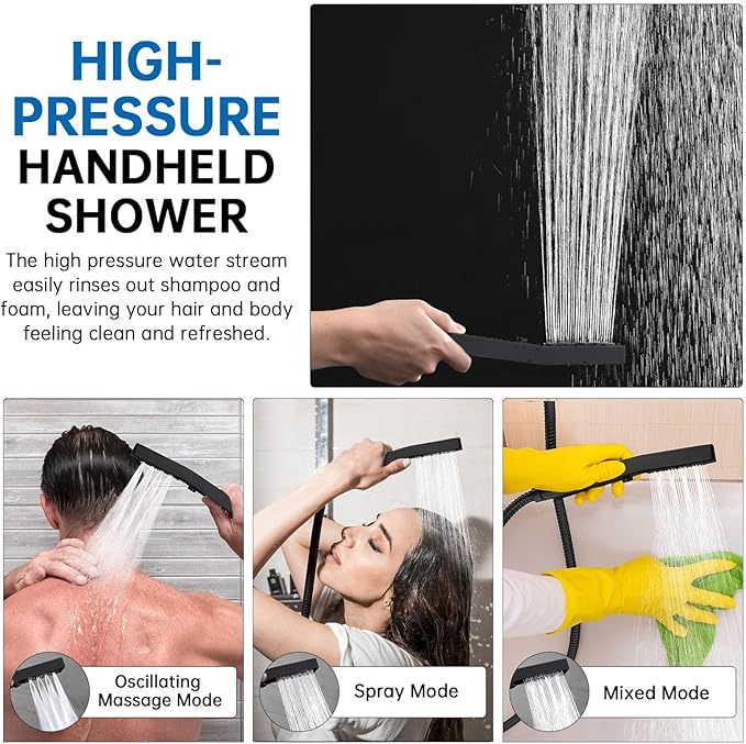 G-Promise All Metal 12 Inch Shower Head with Massage Mode Handheld, Rain Shower Head with Handheld Spray Combo, 3-Way Diverter with Pause Setting, 13 Inch Adjustable Extension Arm (Matte Black)