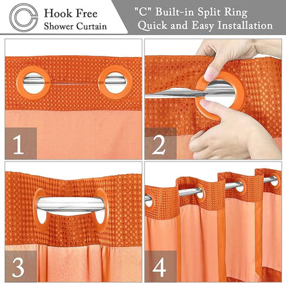 Gibelle Long Shower Curtain 72x80, Waffle Weave Bathroom Shower Curtain with Snap-in Fabric Liner Set, No Hooks Needed, Hotel Style with Mesh Top Window, Burnt Orange
