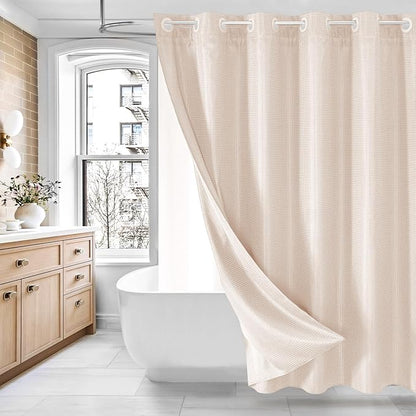 MitoVilla Pink Long Shower Curtain Liner Set 72 x 80, No Hooks Needed 80 inch Long Heavyweight Waffle Fabric Shower Curtain Set with Snap-in Liner for Hotel Grade Spa-Like Bathroom Decor, Blush Pink