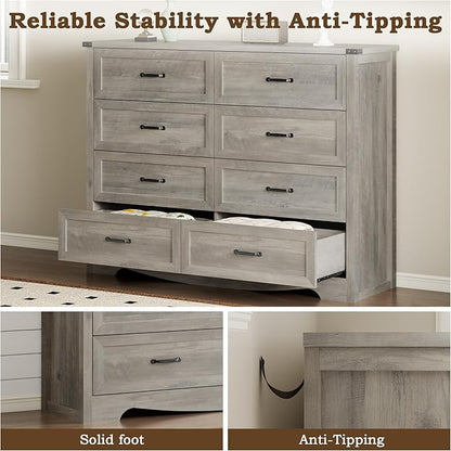 8-Drawer Dresser for Bedroom, Modern Wooden Chest of Drawers with Metal Handles, Anti-Tipping Design, Sturdy and Stable Storage Organizer for Living Room, Entryway, Home Office