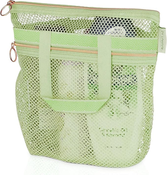 Mesh Shower Bag 10.2x9.9'' Quick-Dry Caddy with Zipper & 2 Pockets. Portable Toiletry Tote for Bathroom, Gym, Travel, Camp, Beach, for Sunscreen, Dorm & College Essentials (Light Green)