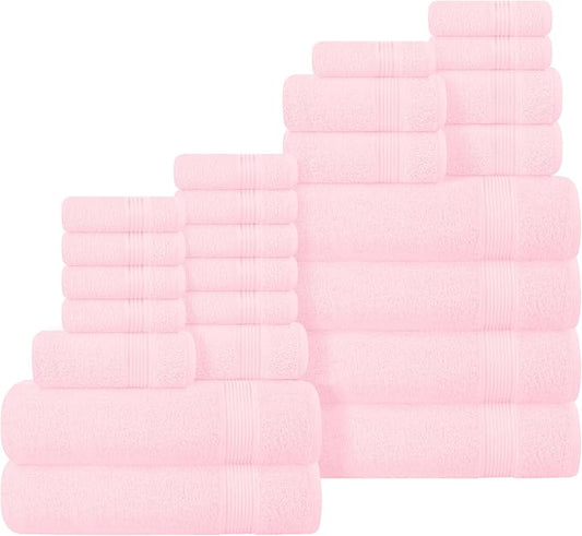 Belizzi Home 100% Cotton Towel Set, Contains 6 Soft Bath Towel, 6 Hand Towels, 12 Wash Cloths - Compact Absorbent Lightweight & Quickdry Towels for Bathroom - 24 Piece Bathroom Towel Set - Pink