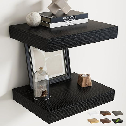 16 Inch Floating Shelves for Wall Set of 2, 12"D Wood Grain Bathroom Shelves with Invisible Brackets, Easy Install Engineered Wood Storage Shelves for Kitchen, Living Room, Bedroom, Black Finish