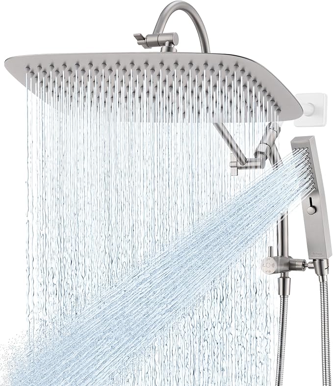 G-Promise All Metal 16 Inch Shower Head with Massage Mode Handheld, Rain Shower Head with Handheld Spray Combo, 3-Way Diverter with Pause Setting, 13 Inch Adjustable Extension Arm (Brushed Nickel)