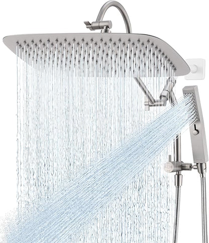 G-Promise All Metal 16 Inch Shower Head with Massage Mode Handheld, Rain Shower Head with Handheld Spray Combo, 3-Way Diverter with Pause Setting, 13 Inch Adjustable Extension Arm (Brushed Nickel)