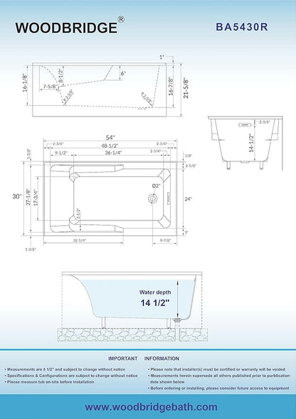 WOODBRIDGE 54" Acrylic Rectangular Alcove Soaking Bathtub in White with Right Drain, Brushed Nickel Pop-Up Drain Included BA5430R