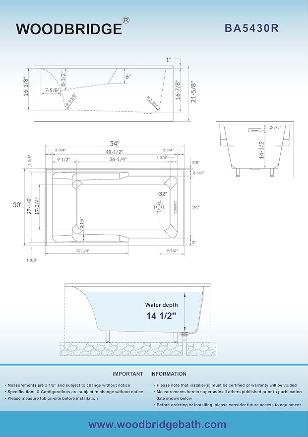 WOODBRIDGE 54" Acrylic Rectangular Alcove Soaking Bathtub in White with Right Drain, Brushed Gold Pop-Up Drain Included BA5430R