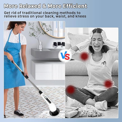 Electric Spin Scrubber, Cordless Cleaning Brush, Shower Scrubber with 7 Replaceable Brush, 2 Speeds and Adjustable Extension Handle for Bathroom Shower Bathtub Glass Car(White)